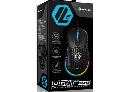 Vista trasera mouse gaming Sharkoon Light² 200 con cable y sensor óptico
