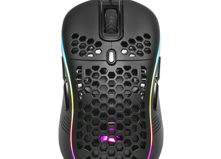 Mouse Gaming Sharkoon Light² S vista superior completa con patrón hexagonal y logo iluminado