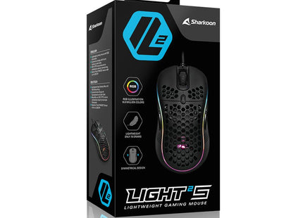 Mouse Gaming Sharkoon Light² S vista inferior mostrando sensor óptico PixArt PAW3327 y pads deslizantes
