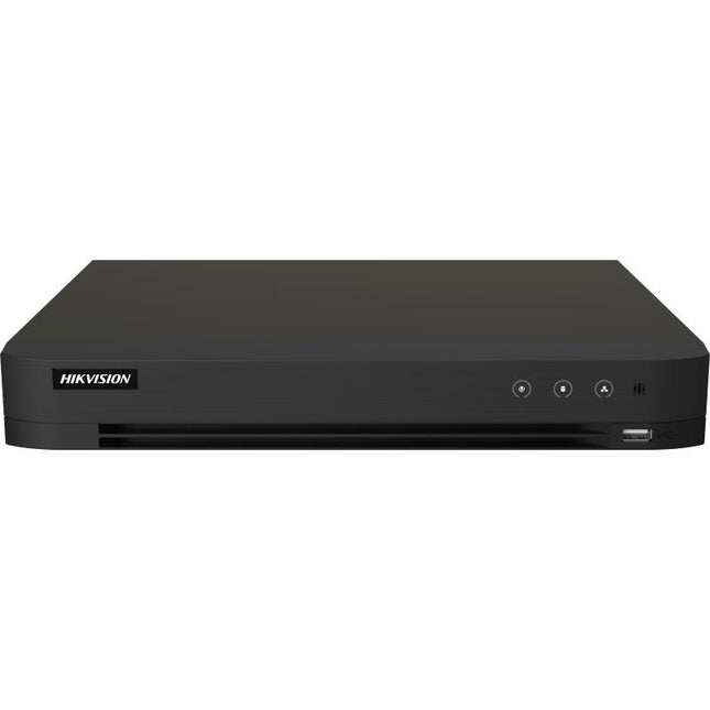 DVR Hikvision iDS-7208HUHI-M1/XT vista frontal con puertos de conexión