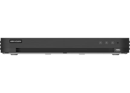 DVR Hikvision iDS-7216HUHI-M2/XT vista frontal con panel de control y puertos