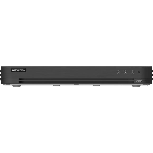 DVR Hikvision iDS-7216HUHI-M2/XT vista frontal con panel de control y puertos