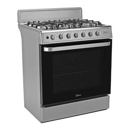 Midea Cocina a gas 30 pulgadas silver 6 quemadores capelo hierro fundido MGS30FS1BEABG