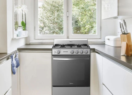 Midea MGS24FS1BIABG Cocina a Gas 24"; 4 Quemadores con Parrillas de Hierro Fundido y Horno de 70 Litros