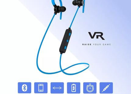 Vista lateral audífonos VR10 azul mostrando diseño neckband ergonómico deportivo