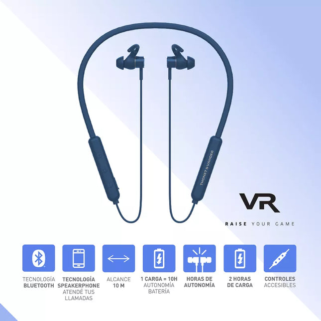 Auriculares VR100 mostrando almohadillas con gancho y diseño ergonómico