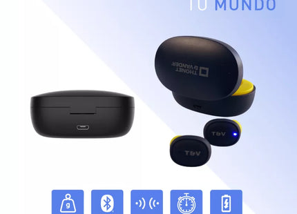 Estuche de carga abierto mostrando audífonos Bluetooth Thonet & Vander Bohne