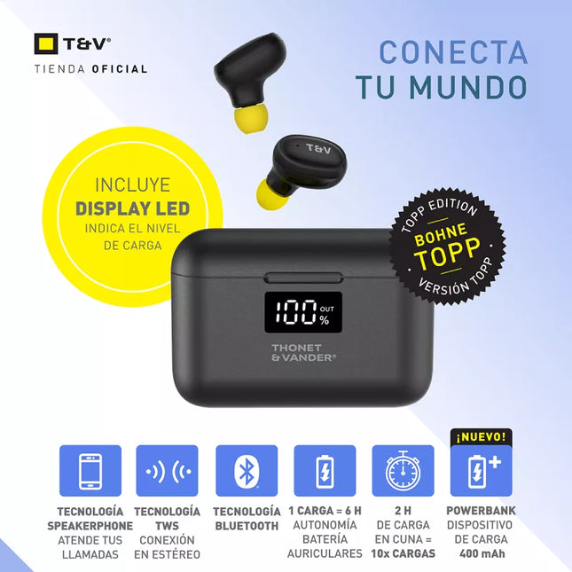 Auriculares inalámbricos Bohne Topp TWS vista lateral mostrando diseño ergonómico