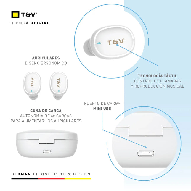 Audífono In-Ear Bluetooth Thonet & Vander Bohne | TWS | Bluetooth 5.0 | Micrófono Incorporado | Control Táctil | Estuche de Carga