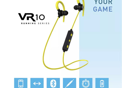 Detalle de drivers de 10mm y ajuste ergonómico de audífonos VR10 amarillos