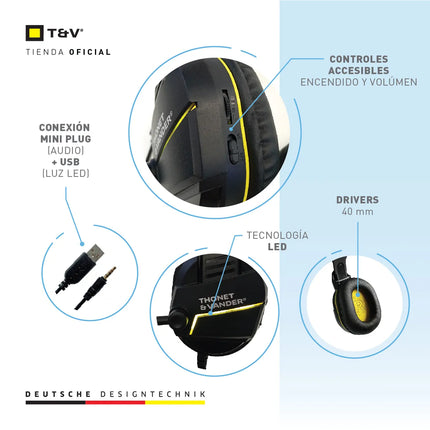 Headset Gaming Thonet & Vander VX70 | Micrófono Flexible | Iluminación LED | Conexión 3.5 mm y USB