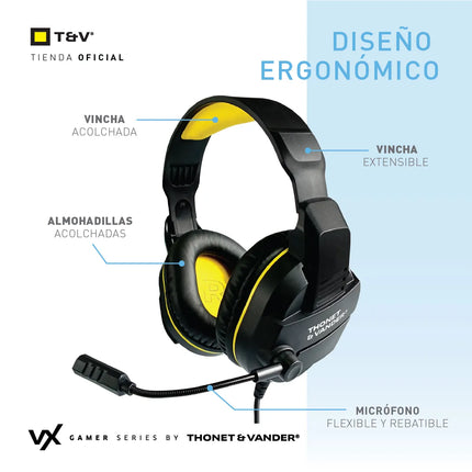 Headset Gaming Thonet & Vander VX70 | Micrófono Flexible | Iluminación LED | Conexión 3.5 mm y USB
