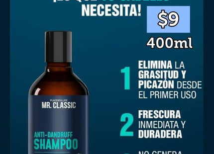 Shampoo Anticaspa Mr. Classic Placent Life | 400ml | Control efectivo de caspa y cuidado del cuero cabelludo irritado