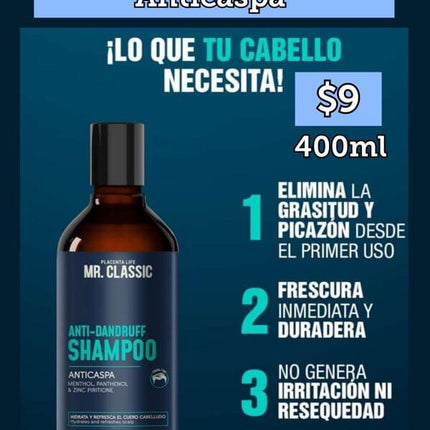 Shampoo Anticaspa Mr. Classic Placent Life | 400ml | Control efectivo de caspa y cuidado del cuero cabelludo irritado