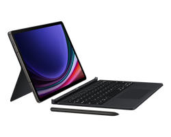 Galaxy Tab S9+ con teclado desmontable gris acoplado para productividad