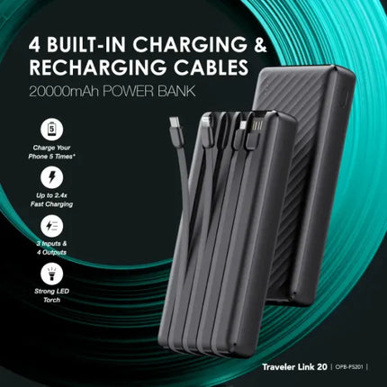 Power Bank Oraimo Traveler Link 20 | 20000mAh | 4 Cables Incorporados | OPB-P5201