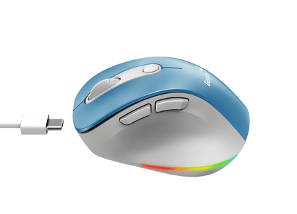 Mouse Genius Ergo 9000S Pro celeste vista trasera con receptor USB y puerto de carga