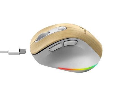 Mouse inalámbrico Genius Ergo 9000S Pro vista posterior mostrando conectividad y acabado en madera