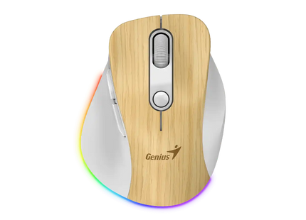 Mouse inalámbrico RGB Genius Ergo 9000S Pro con acabado en madera vista frontal