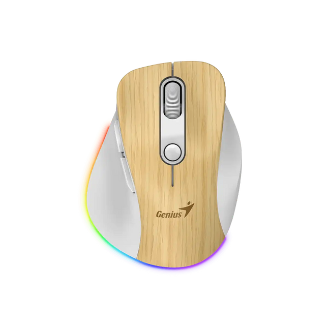 Mouse inalámbrico RGB Genius Ergo 9000S Pro con acabado en madera vista frontal