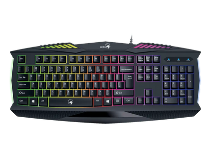 Vista frontal completa del Teclado Gaming RGB Genius Scorpion K220 con retroiluminación LED multicolor encendida