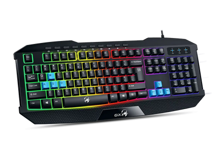 Vista lateral del teclado Genius K215 mostrando perfil bajo de teclas y cable USB
