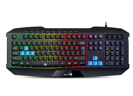 Teclado gaming Genius Scorpion K215 con retroiluminación RGB multicolor vista frontal completa