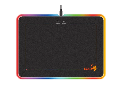 Vista superior del mousepad gaming Genius con superficie rígida negra y controles táctiles RGB