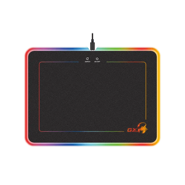 Vista superior del mousepad gaming Genius con superficie rígida negra y controles táctiles RGB