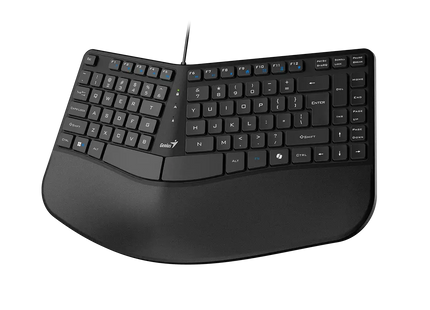 Vista lateral del teclado Genius KB-700 mostrando la curvatura ergonómica y altura del perfil