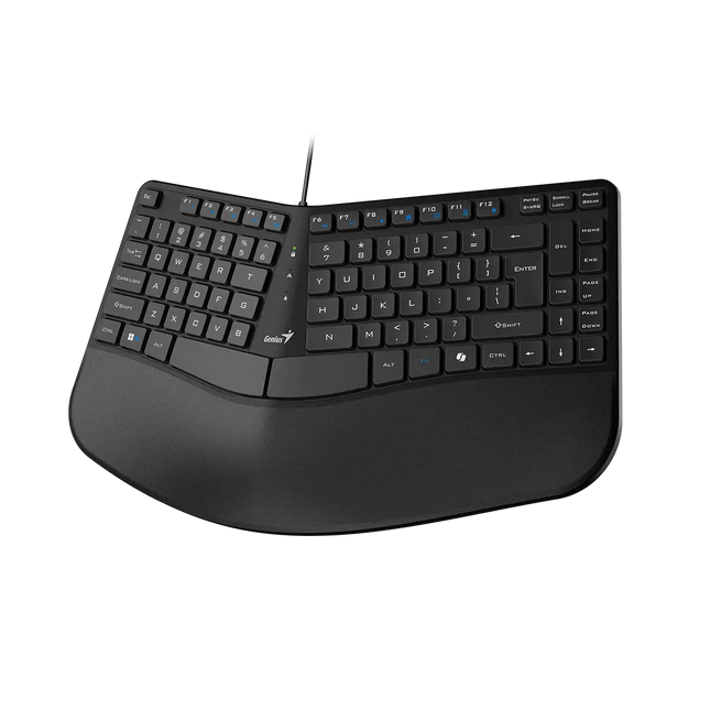 Vista lateral del teclado Genius KB-700 mostrando la curvatura ergonómica y altura del perfil