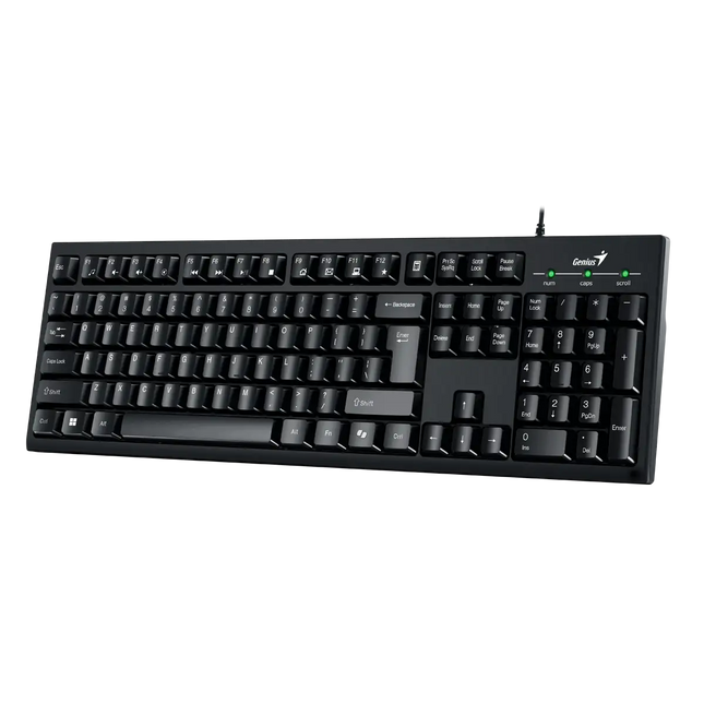 Vista superior del teclado Genius KB-100 mostrando distribución de teclas en español