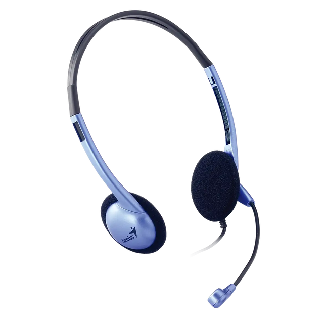 Vista lateral del auricular Genius HS-02B mostrando control de volumen en cable