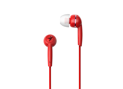Vista detalle de audífonos intrauditivos Genius HS-M320 rojos mostrando almohadillas de silicona