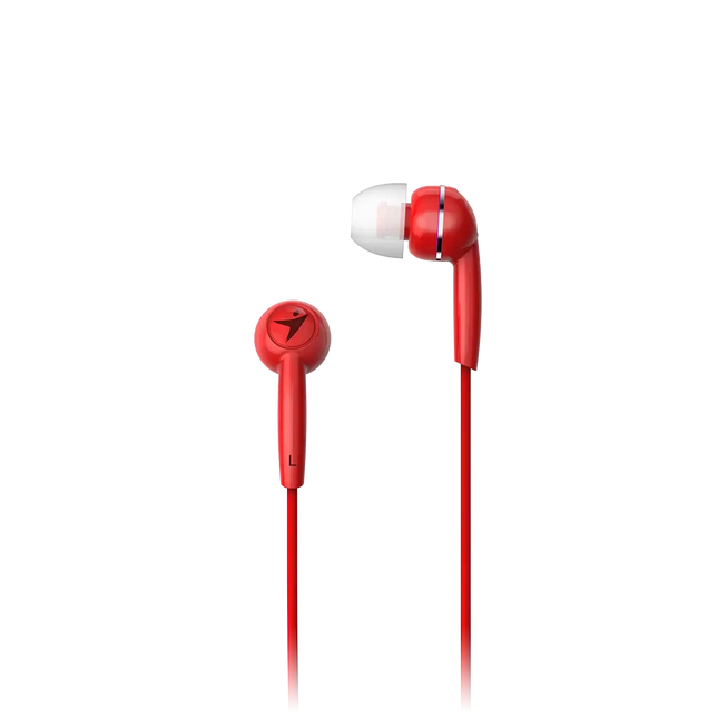 Vista detalle de audífonos intrauditivos Genius HS-M320 rojos mostrando almohadillas de silicona