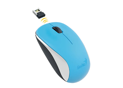 Mouse Genius NX-7000 azul vista lateral mostrando botones y rueda scroll