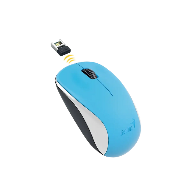 Mouse Genius NX-7000 azul vista lateral mostrando botones y rueda scroll