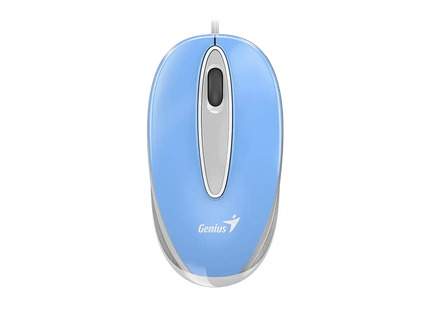 Mouse Genius DX-Mini celeste vista frontal con iluminación LED azul
