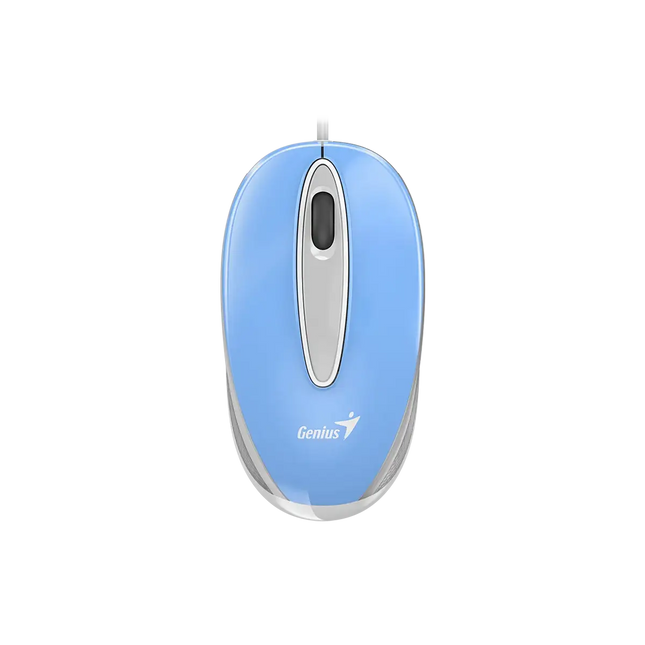 Mouse Genius DX-Mini celeste vista frontal con iluminación LED azul