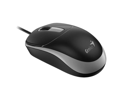 Mouse Genius DX-123 gris con cable USB conectado mostrando conexión plug and play