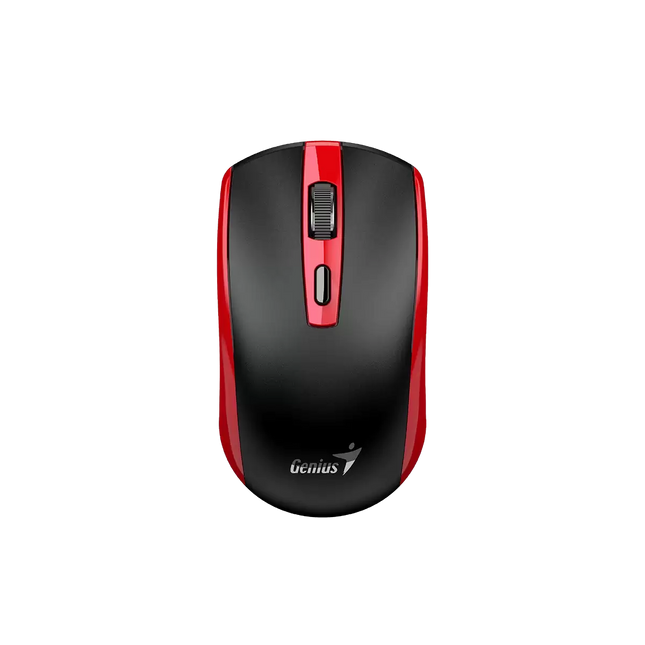 Mouse inalámbrico Genius ECO-8150 rojo vista frontal con botones y rueda de scroll