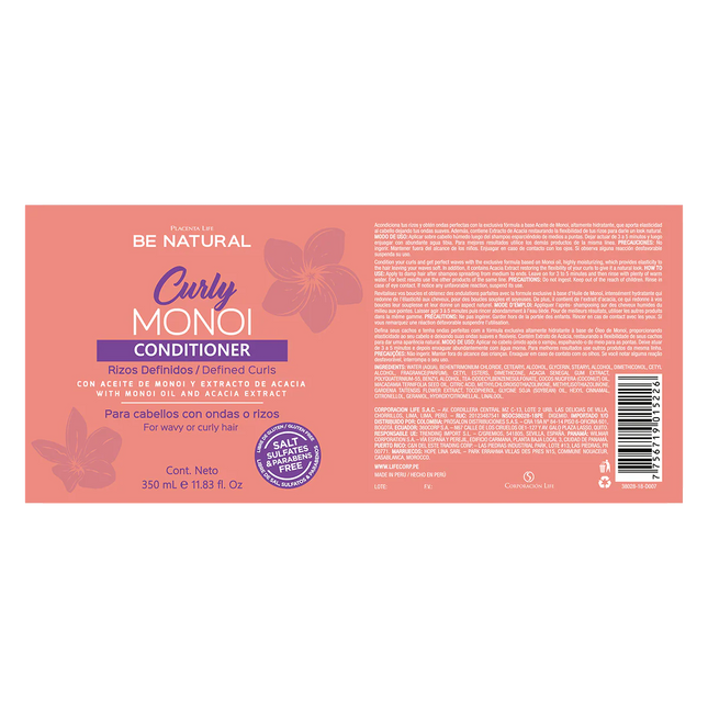 Acondicionador Curly Monoi 1000ml Placent Life | Para definir y nutrir rizos sin frizz