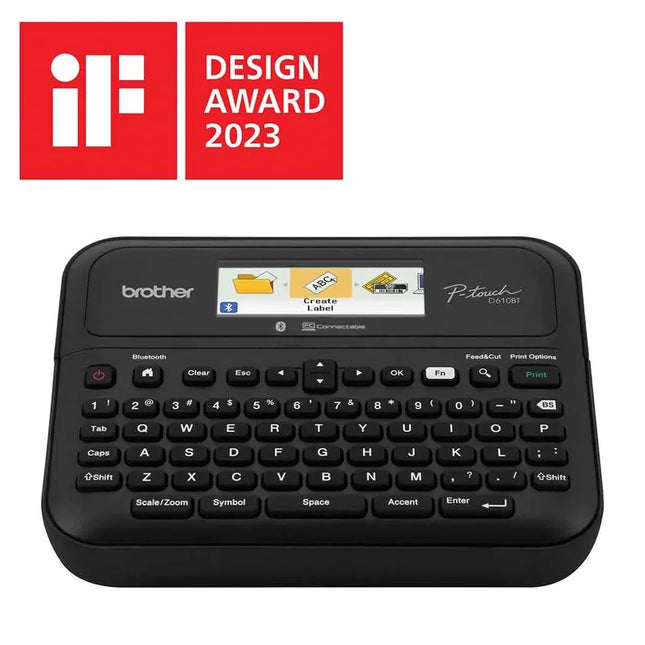 Rotuladora Brother P-touch PT-D610BT vista frontal con pantalla a color y teclado QWERTY completo