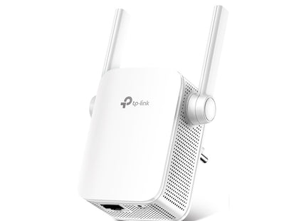 Extensor WiFi RE205 conectado a tomacorriente vista en perspectiva