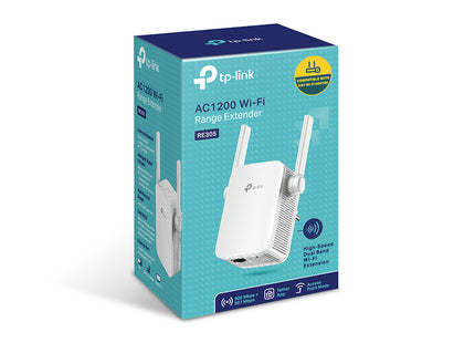 TP-Link RE305 AC1200 vista posterior mostrando puerto Ethernet y botón WPS