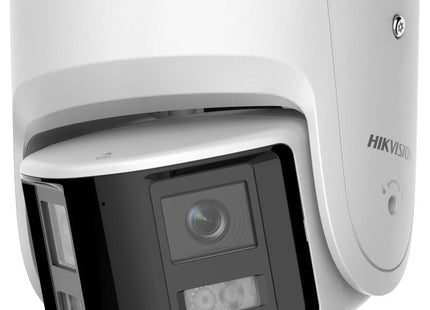 Cámara panorámica Hikvision ColorVu vista inferior con conexiones y soporte de montaje