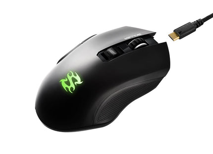 Vista trasera mouse gaming SGM3 con receptor USB y cable de carga