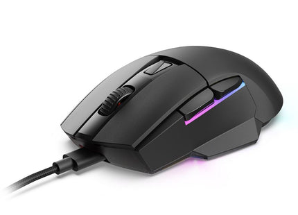 Mouse gaming Sharkoon SGM50W vista trasera mostrando sensor 5000 DPI y logo