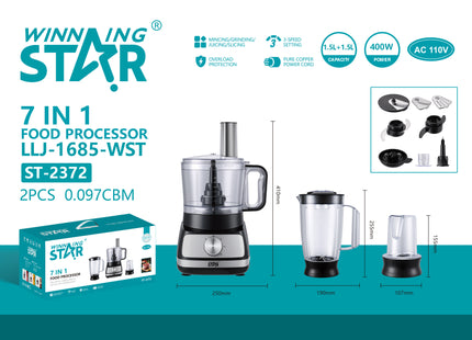 Winning Star Procesador de Alimentos 7 en 1 de 1.5L 400W, ST-2372