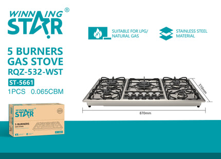 Winning Star cocina de gas 5 quemadores plateada, ST-5661